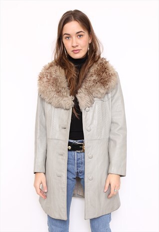 VINTAGE 70S GREY LEATHER SHEEPSKIN COLLAR TRENCH COAT