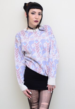 VINTAGE 90'S CUTE FUNKY PASTEL 'LOV' PATTERNED SLOUCH JUMPER