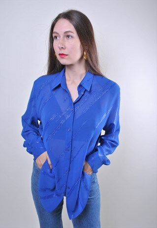 VINTAGE BLUE BLOUSE, WOMEN 80S STRIPED BUTTON UP, SIZE L