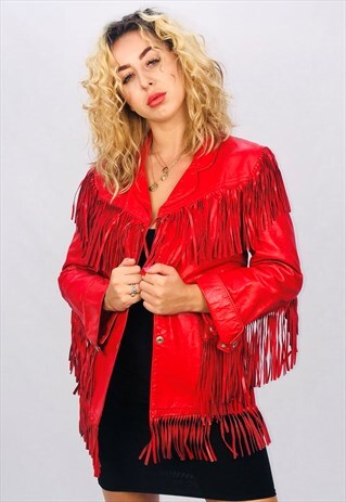 VINTAGE FRINGE REAL LEATHER RED JACKET