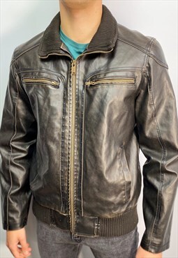 Vintage Guess heavy leather black bomber jacket (M)
