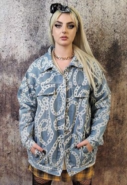 Chain print denim jacket bleached jean blazer light blue