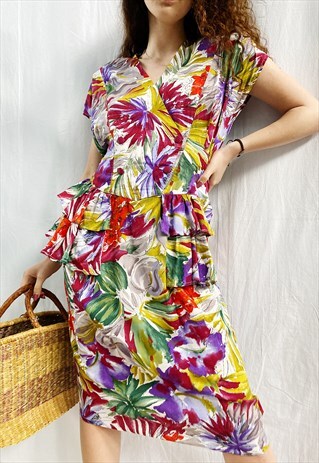 VINTAGE 80S BOTANICA TROPICAL FLOWER PRINT CHIC MIDI DRESS