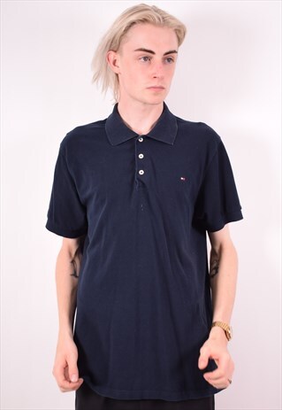 TOMMY HILFIGER MENS VINTAGE POLO SHIRT XXL NAVY BLUE 90S