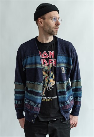 VINTAGE 80S PATTERNED CARDIGAN IN BLUE