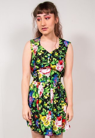 90'S COLOURFUL FLORAL PATTERN DRESS