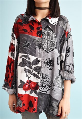 90'S RETRO LEAF PRINT OVERSIZED SHIRT TOP