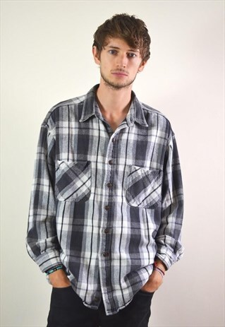 1990S GREY & WHITE THICK ST JOHNS BAY FLANNEL SHIRT