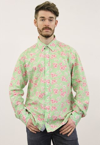 VINTAGE GREEN AND PINK FLORAL PATTERNED TOMMY HILFIGER SHIRT