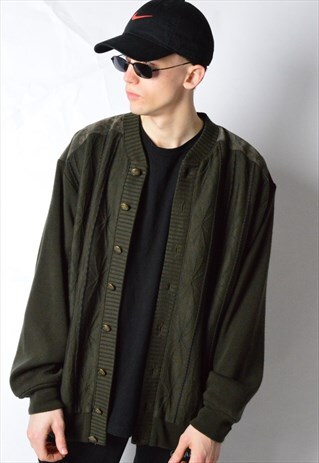 VINTAGE 90S KHKAKI WOOL BLEND KNIT CARDIGAN JACKET