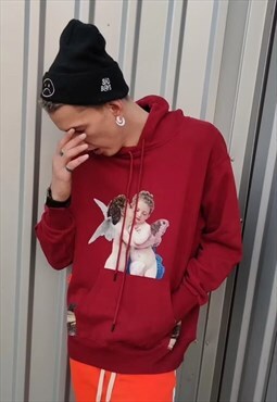 Angel print hoodie religious graphic oversize pullover red