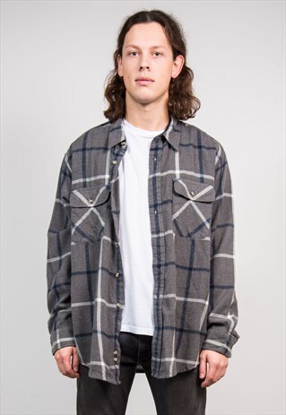 90'S VINTAGE GREY CHECK PATTERN FLANNEL SHIRT