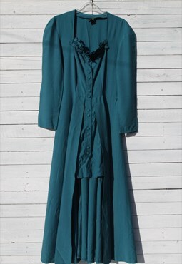 Vintage teal green maxi button down boho dress