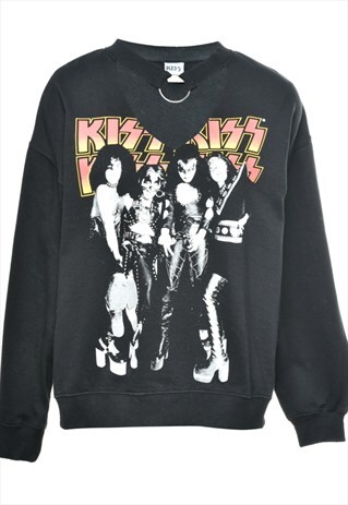 BEYOND RETRO VINTAGE BLACK PRINTED KISS SWEATSHIRT - M
