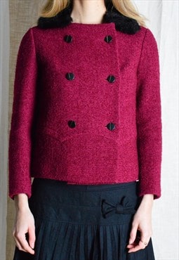 Vintage 60s Burgundy Red Faux Fur Collar Retro Jacket