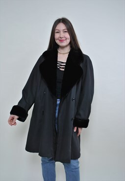 90s minimalist coat, retro black overcoat MEDIUM size 