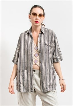 Linen loose fit shirt Vintage short sleeve flax women L