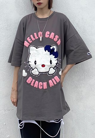 KAWAII KITTY TEE CASH SLOGAN CAT APPLIQUE BAGGY T-SHIRT