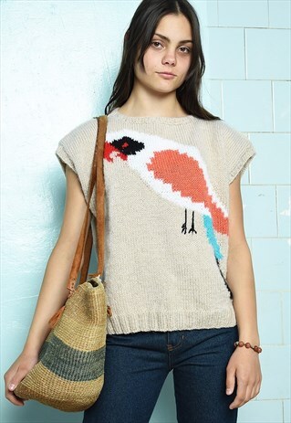 VINTAGE 80S CHUNKY PARROT KNIT BLOUSE TOP PARISIAN FESTIVAL