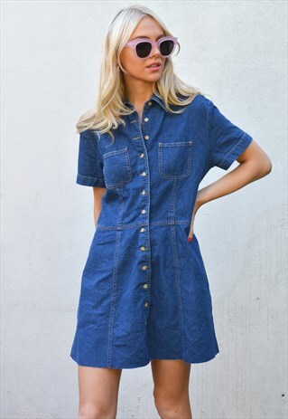 VINTAGE 90S BLUE DENIM BUTTON THROUGH MINI DRESS