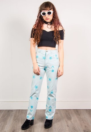 VINTAGE 90'S LIGHT BLUE FLORAL PATTERN HIGH WAIST JEANS