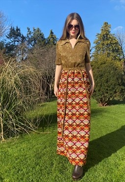 70's Vintage Gold Lurex Ladies Short Sleeve Maxi Dress