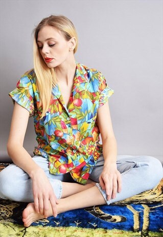 90'S BOHO ABSTRACT FRUIT PATTERN OVERSIZED MOM'S SHIRT