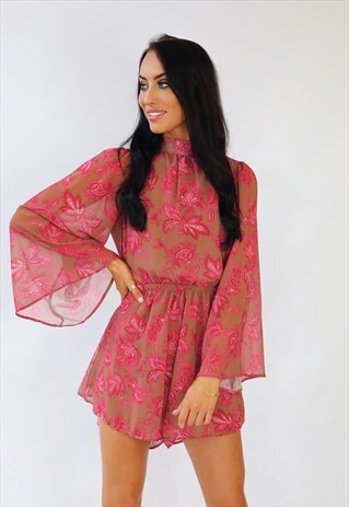 NUDE PINK FLORAL SUMMER BATWING PLAYSUIT