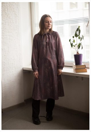VINTAGE 80'S GREY PATTERNED LONG SLEEVED DRESS