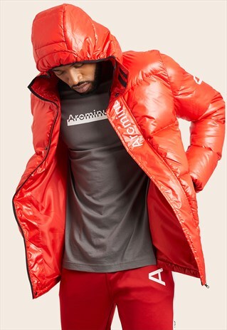 HOODED PUFFER JACKET ARM LOGO RED