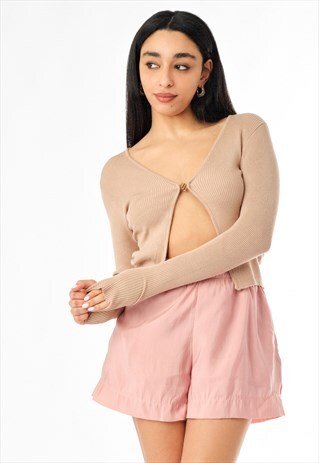 BEIGE SPLIT FRONT LONG SLEEVE RIBBED TOP