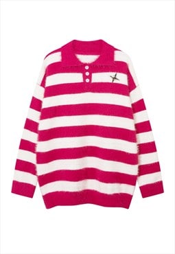 Knitted polo shirt long sleeve striped jumper fluffy top