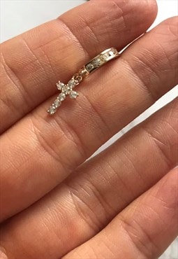 9ct yellow gold drop earring, iced cross single earring