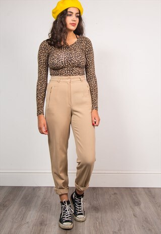 VINTAGE 90'S BEIGE HIGH WAIST SMART TAPERED TROUSERS