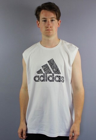 VINTAGE ADIDAS VEST T SHIRT IN WHITE WITH PRINTED LOGOS. SIZ