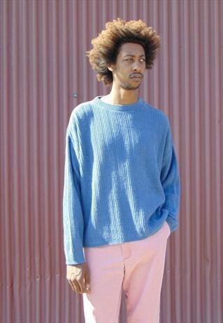 90S MINIMALIST CLASSIC TEXTURED BLUE COTTON JUMPER LARGE