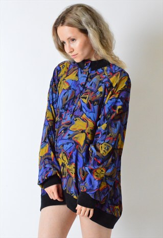 VINTAGE 80S ABSTRACT FLOWER 1/4 BUTTON BLOUSE
