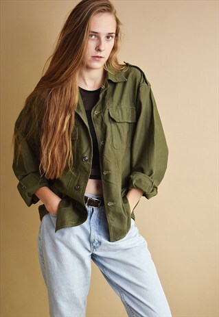 90'S RETRO ARMY KHAKI DENIM-LIKE MILITARY SHIRT JACKET