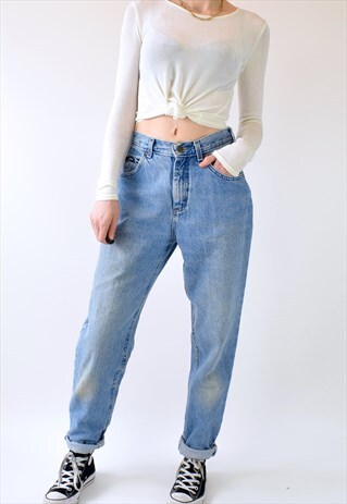 VINTAGE 80S 90S HIGH WAISTED BLUE DENIM MOM JEANS - W27