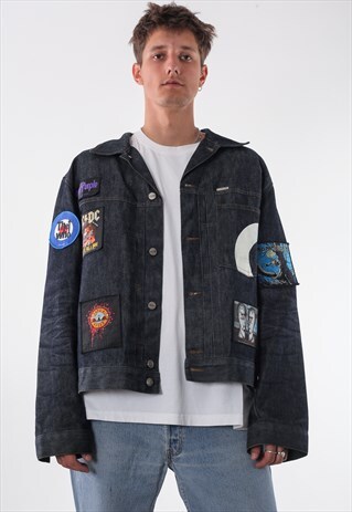 VINTAGE LAMBRETTA TRUCKER DENIM PATCHED ROCK BAND 90S BLUE