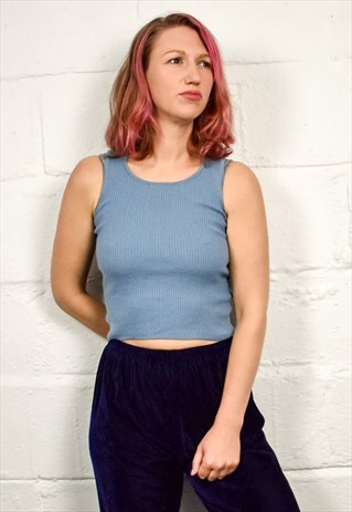 DKNY BLUE RIBBED KNIT CROP VEST