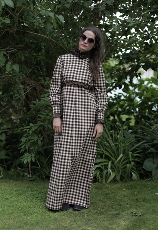 VINTAGE 40'S MAXI BROWN/WHITE TARTAN HIGH COLLAR DRESS