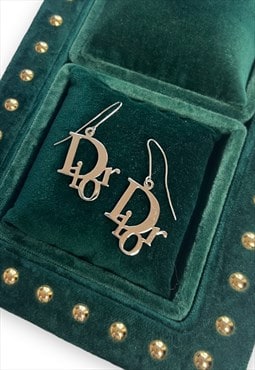 Dior earrings dangly drop trotter monogram silver tone