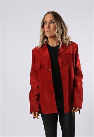 SUEDE LEATHER FRINGE TASSEL JACKET VINTAGE UK 14 (FBFV)