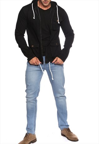 STRETCHABLE UTILITY POCKET HOODED BLACK DENIM JACKET