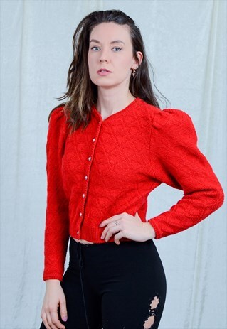 RED RETRO SWEATER PUFFY SHOULDERS CARDIGAN VINTAGE 80S L