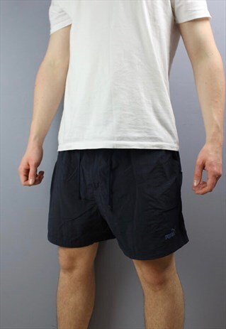 VINTAGE PUMA SHORTS IN NAVY WITH POCKETS, EMBROIDERED LOGO A