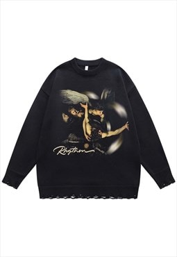 Angel sweater knit distressed jumper saint print top black