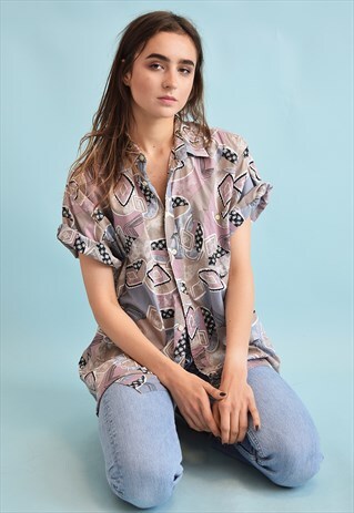 90'S RETRO ABSTRACT PRINT FESTIVAL OVERSIZED DADS BLOUSE TOP
