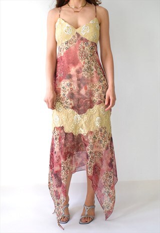 VINTAGE 90S Y2K PEACH FLORAL LACE HANDKERCHIEF MIDI DRESS
